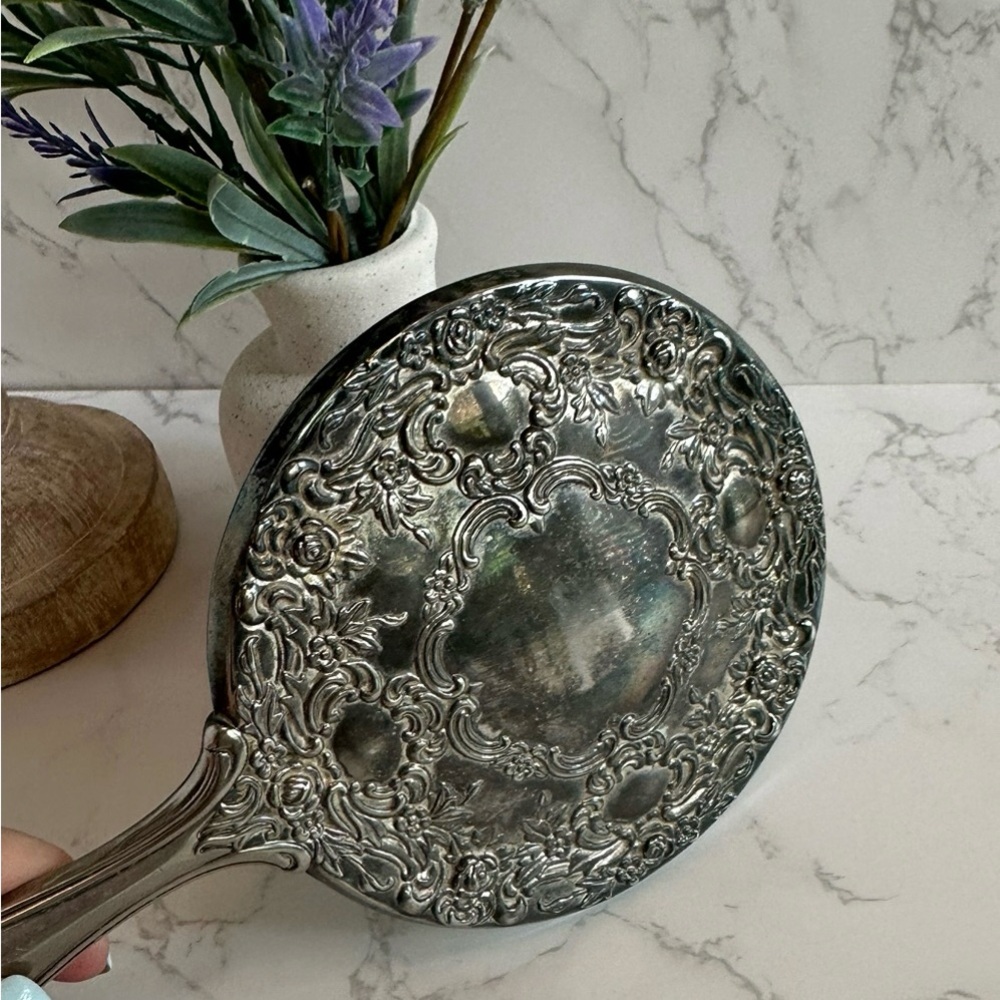 Vintage Silver Hand Mirror Engraved Rose Design Boudoir Victorian